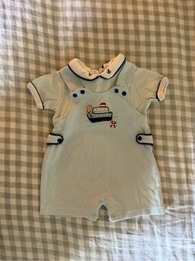 Sears Light Blue Nautical Embroidered Baby Romper with Navy Trim